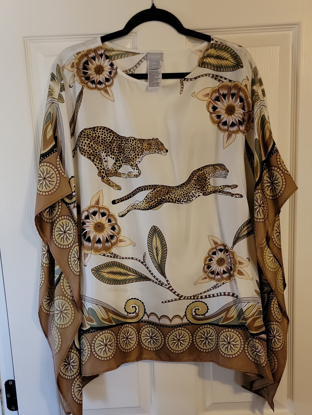 Chicos Silk White and Brown Leopard and Floral Blouse